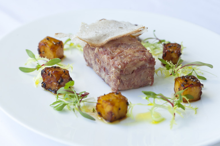 Potted gammon with peppered pineapple