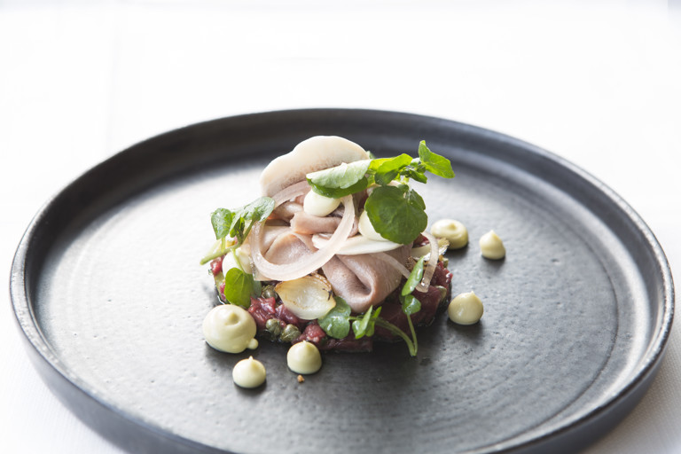 Salad of beef tartar, slow cooked ox tongue and smoked mayonnaise