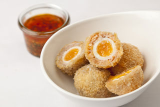 Scotch eggs with bois boudran dipping sauce