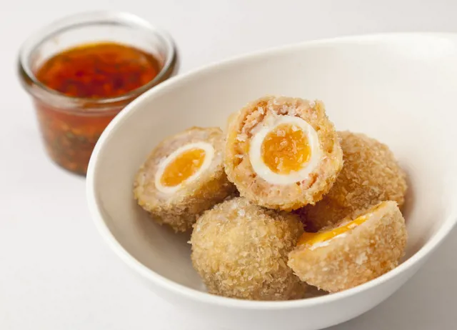 Scotch eggs with bois boudran dipping sauce