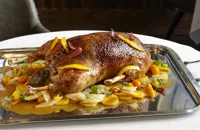 Glazed roast goose, citrus, swede and friends