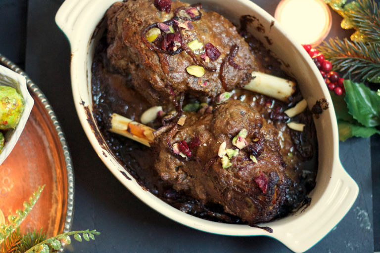 Kashmiri-style roast leg of lamb with cranberries, pistachios and almonds