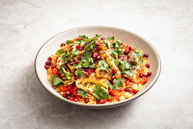 Sticky mango chutney halloumi with couscous and marinated peppers