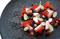 Strawberry ice cream, basil purée, fromage frais mousse with green almonds