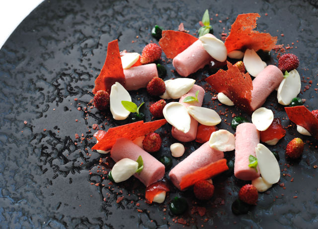 Strawberry ice cream basil pur e fromage frais mousse with green almonds