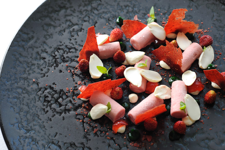 Strawberry ice cream, basil purée, fromage frais mousse with green almonds