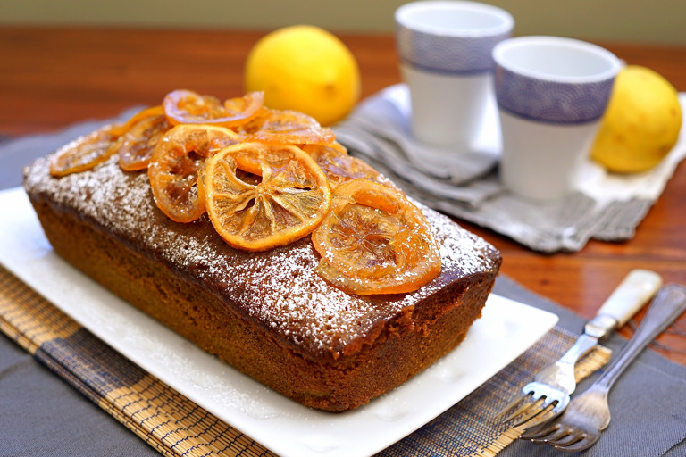 Matcha lemon drizzle cake with candied lemons