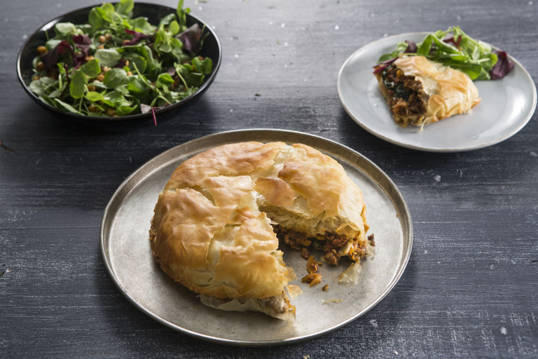 Spiced lamb and apricot filo pie