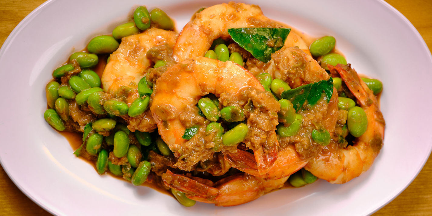 Goong Pad Sator - Bitter Beans Stir Fried with Shrimp Paste and Prawns Recipe - Great British Chefs
