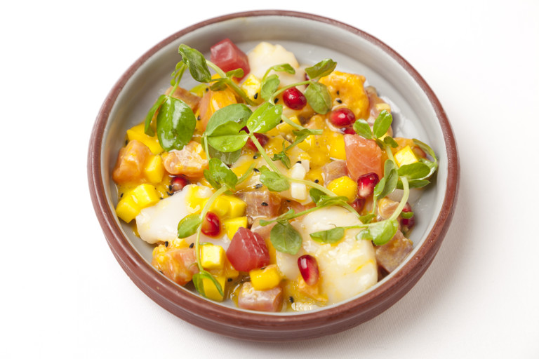 Scallop, tuna and salmon ceviche with mango