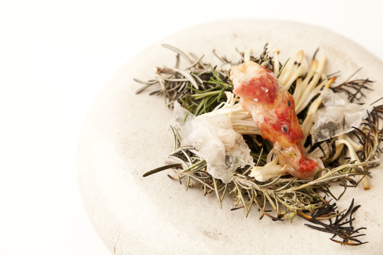 Langoustine with smoked enokis and lardo