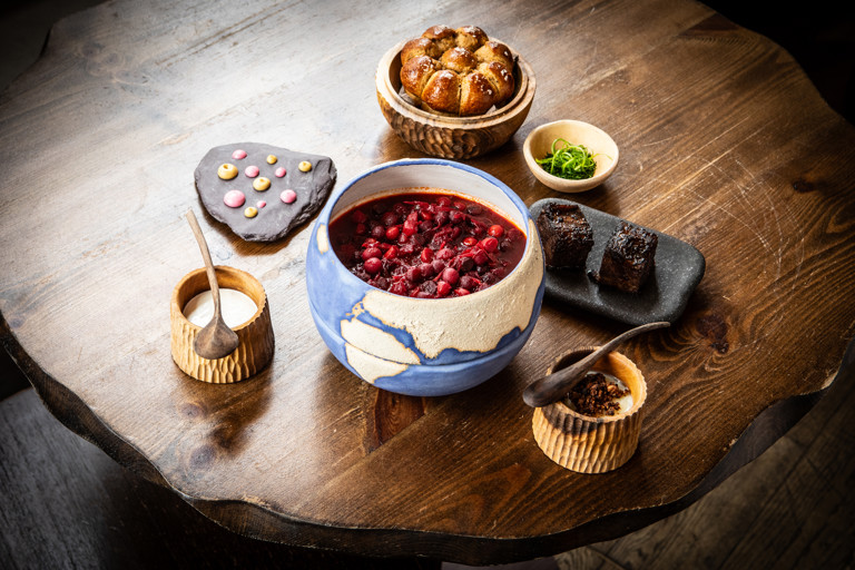 Beetroot borsch with beef short ribs and black garlic brioche