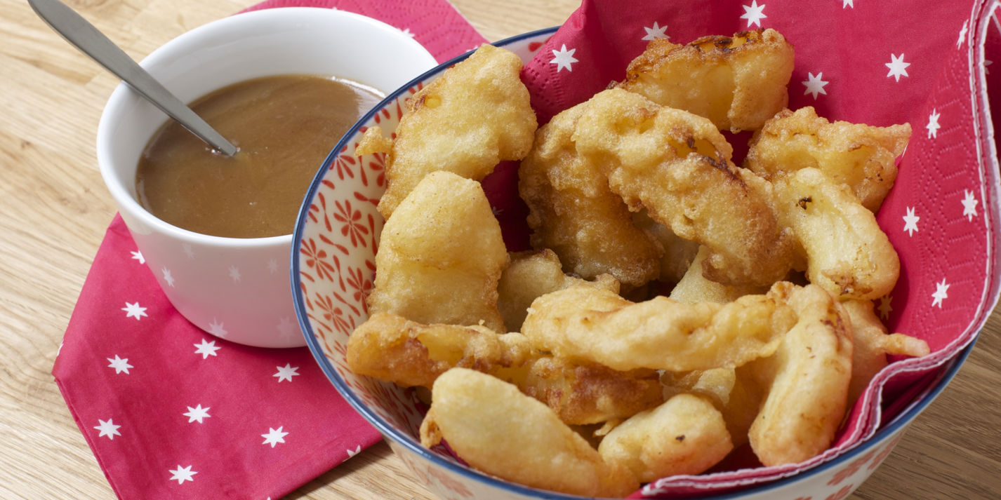Pineapple fritters with spicy toffee sauce recipe - Great British Chefs