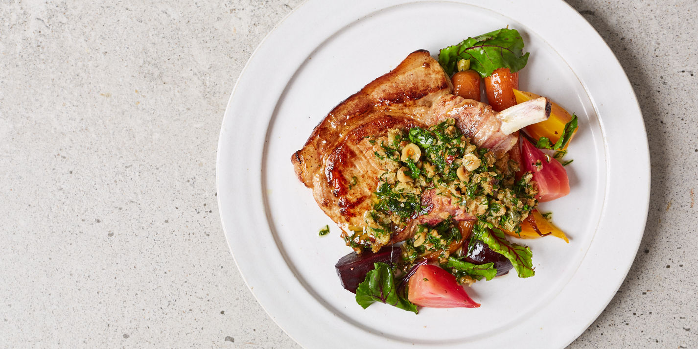 Pork Chop with Salt-Baked Beetroot and Hazelnut Picada Recipe - Great British Chefs