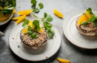 Stuffed mushrooms with ham and an orange and watercress salad