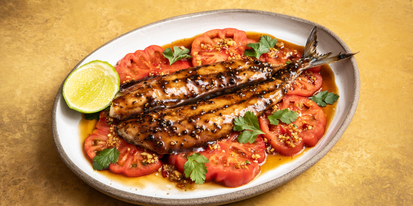 Grilled Mackerel with Tamarind and Black Pepper Glaze and Tomato Salad Recipe - Great British Chefs