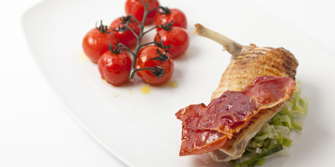 Grilled Guinea Fowl Breast Recipe With Roast Tomatoes & Ham - Great British Chefs