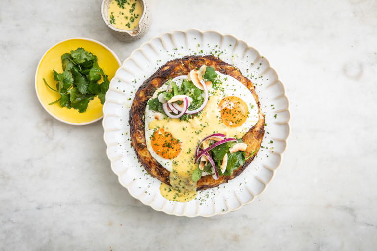Bubble and squeak with green curry Hollandaise and coconut chips