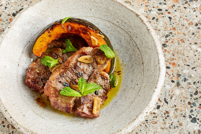 Barbecued lamb chops with Delica pumpkin and a cumin and mint vinaigrette