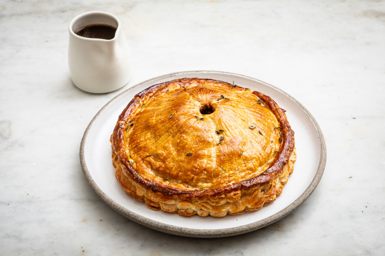 Potato and wild mushroom pie with Madeira sauce