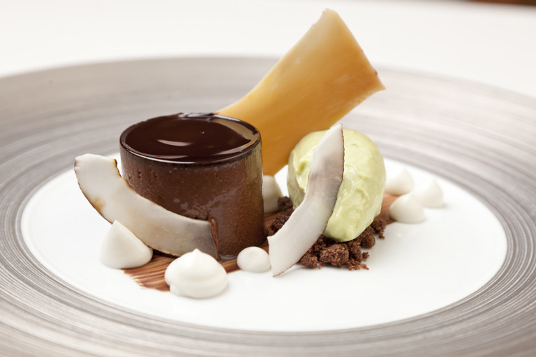 Chocolate and brown butter ganache, coconut, avocado ice cream