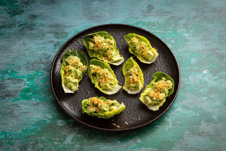 Green goddess chicken lettuce cups with anchovy crumbs