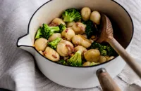 Potato gnocchi with broccoli, bacon and sweetcorn