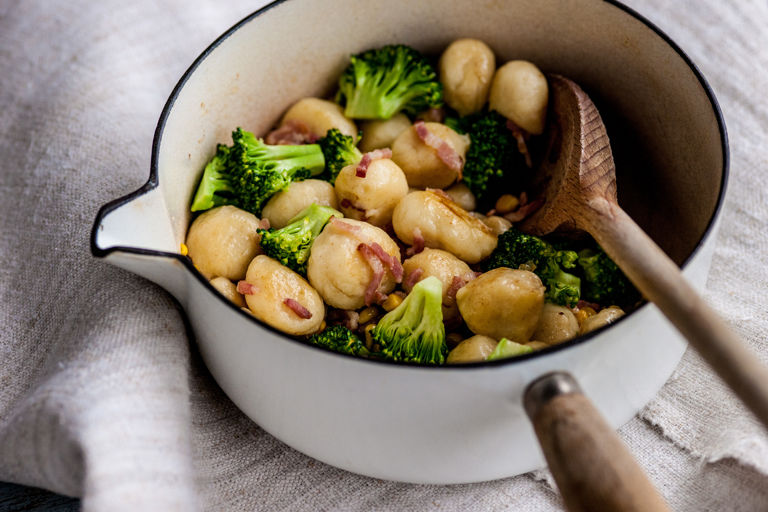 Potato gnocchi with broccoli, bacon and sweetcorn