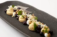 Whipped sea buckthorn with burnt meringue, crispy rice, blueberries and tonka bean gastrique