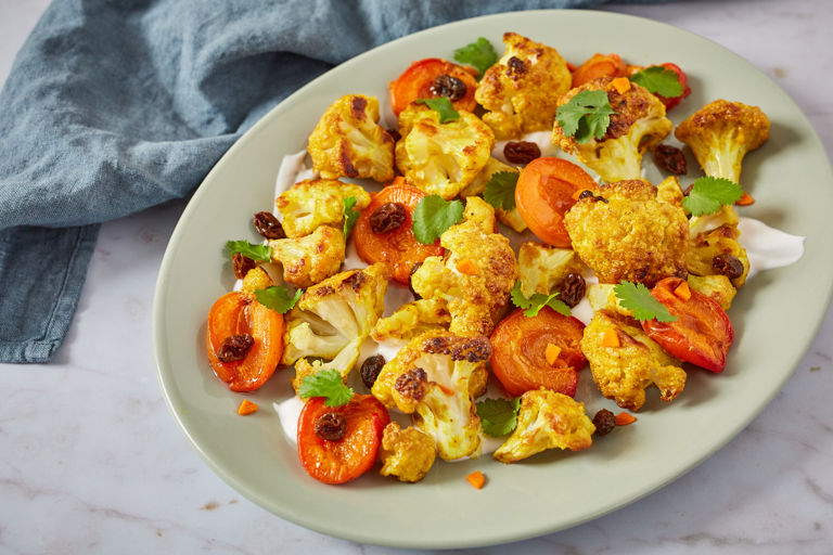 Coronation cauliflower with roasted apricots and pickled turmeric