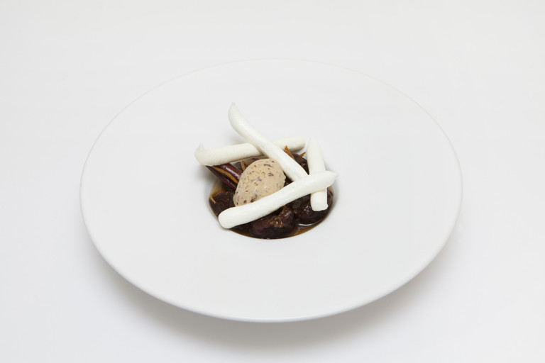 Prune mustard and pistachio ice cream with prunes and Armagnac