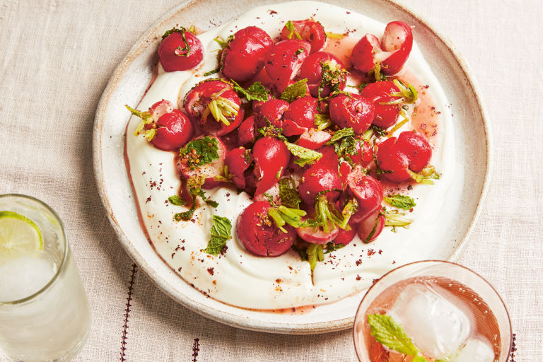 Smacked radishes with sesame, sumac and mint