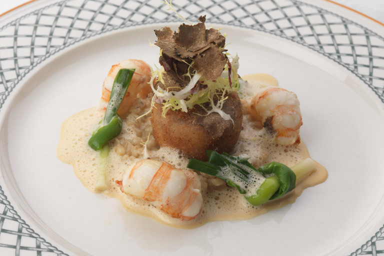 Langoustines with pearl barley and a pig’s head beignet