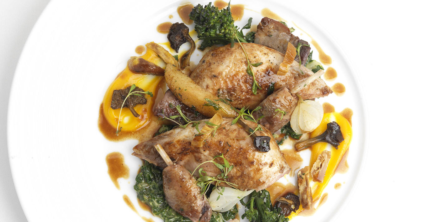 Partridge with Swiss chard, chanterelles, quince and chestnuts