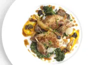 Partridge with Swiss chard, chanterelles, quince and chestnuts