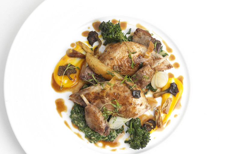 Partridge with Swiss chard, chanterelles, quince and chestnuts