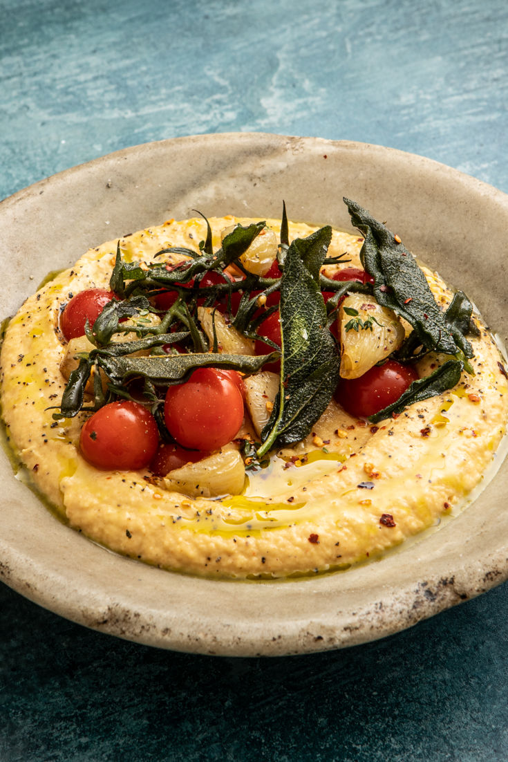 Butter Bean Spread With Fermented Piccolo Tomatoes, Confit Garlic and