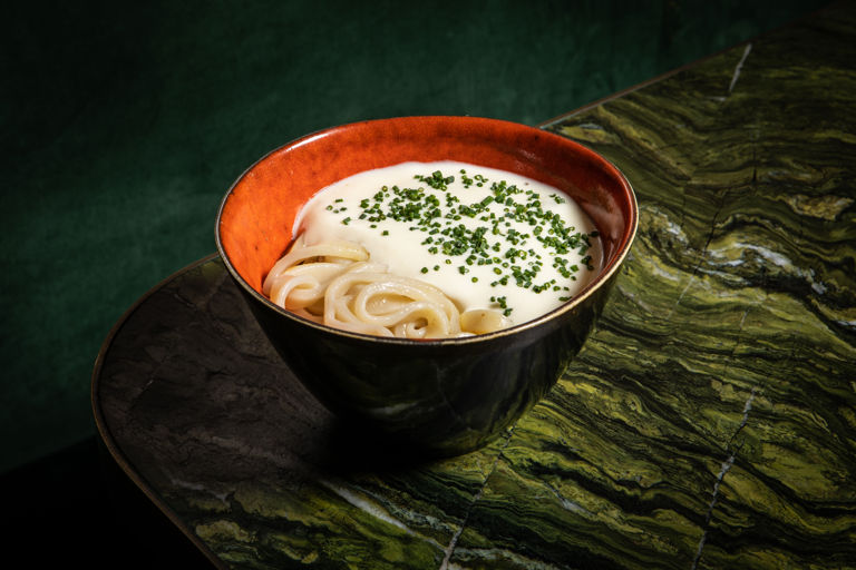 Wagyu curry udon with potato foam