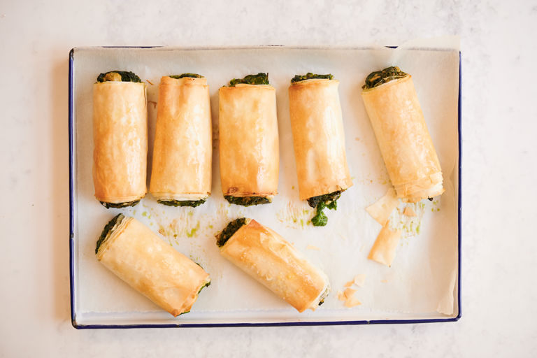 Zhoug-spiced tofu and spinach filo rolls