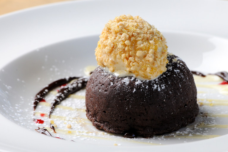 Chocolate fondant with peanut butter ice cream and dark chocolate sauce