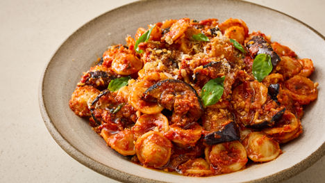 Smoky aubergine orecchiette with ‘nduja tomato sauce