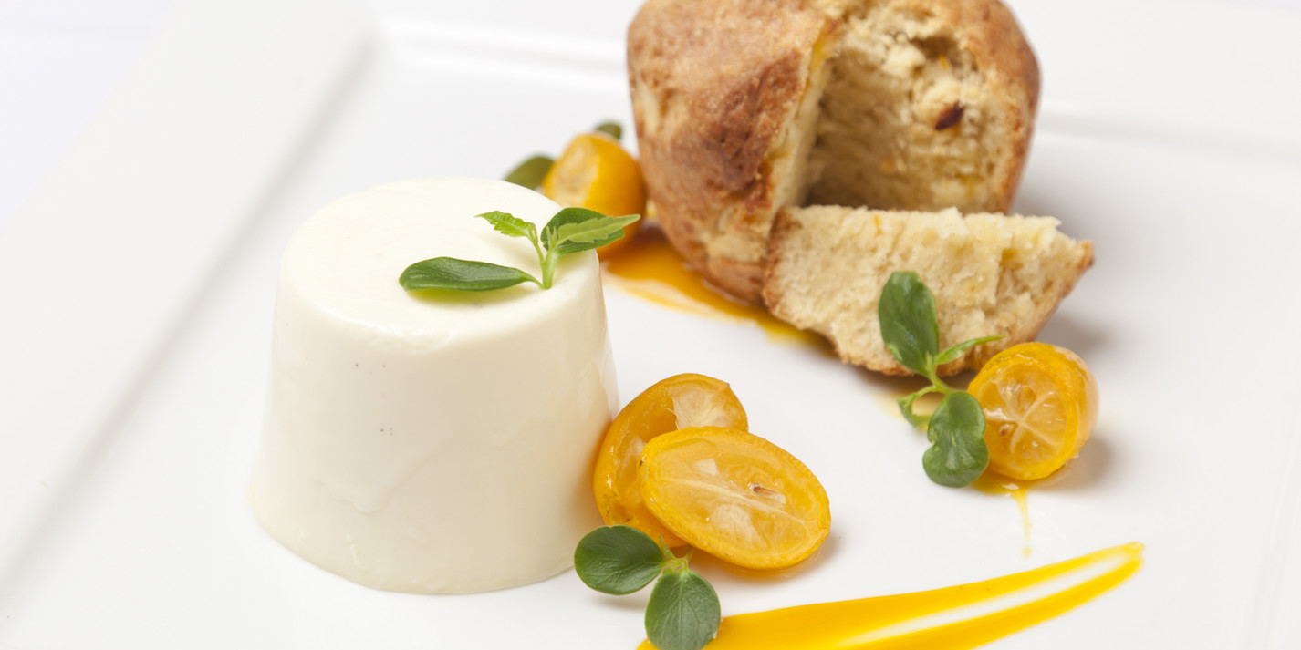 Kumquat panettone with orange blossom panna cotta and confit kumquats-image