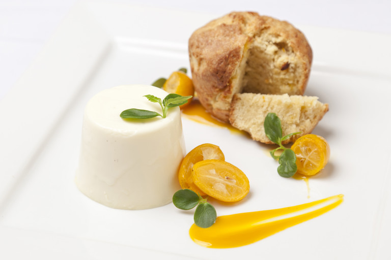 Kumquat panettone with orange blossom panna cotta and confit kumquats
