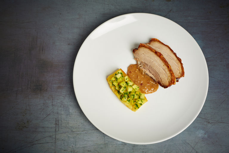 Roast pork belly with pineapple and satay sauce