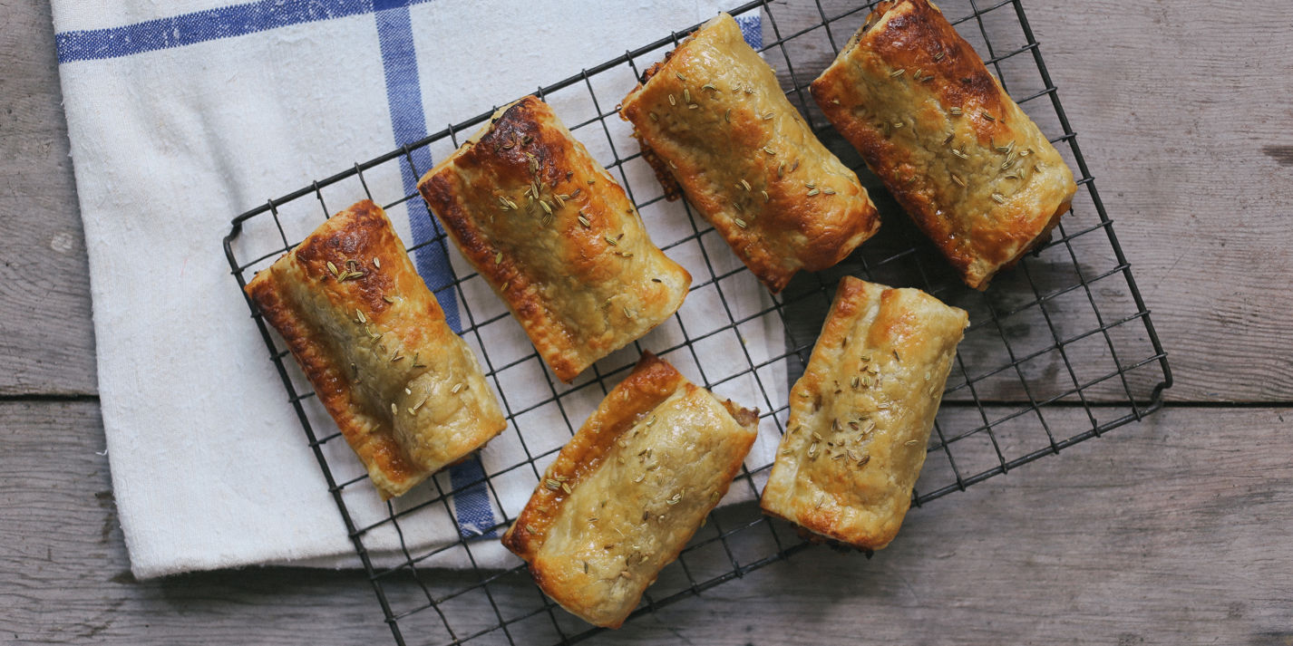 Apple glazed pork and apricot sausage rolls with fennel seeds