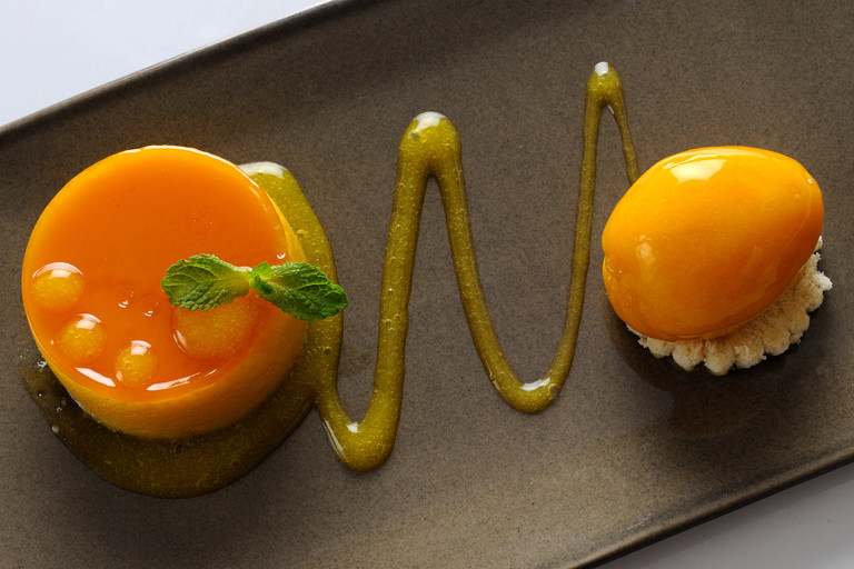 Mango bavarois with mango sorbet