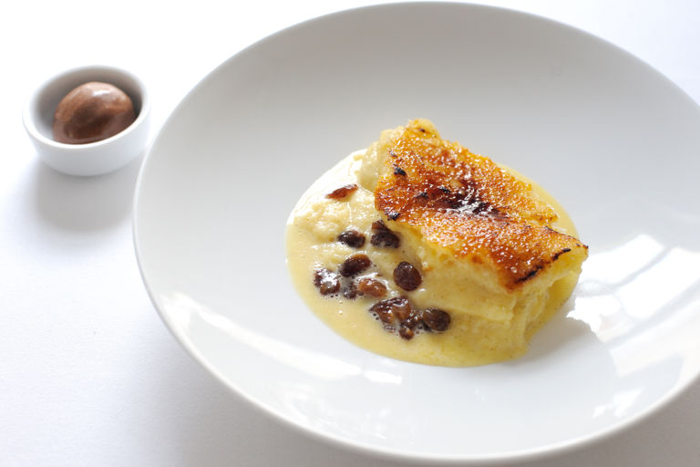 Bread and butter pudding with chocolate sorbet