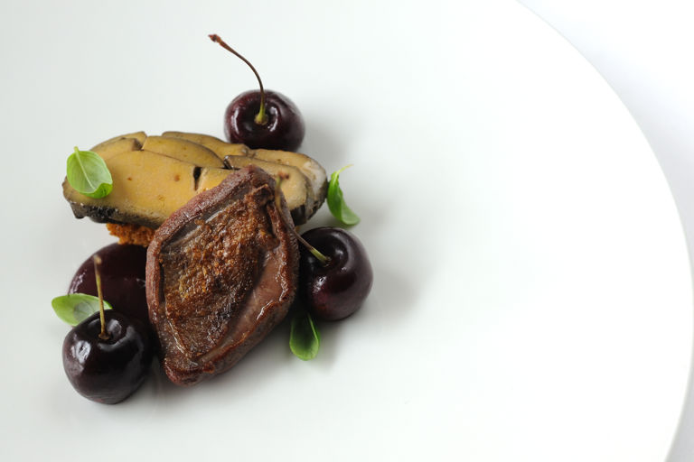 Pigeon, coffee-cured foie gras, Isle of Wight cherries and spiced bread