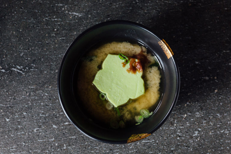 Shiro misoshiru uguisu tofu – white miso soup with edamame tofu