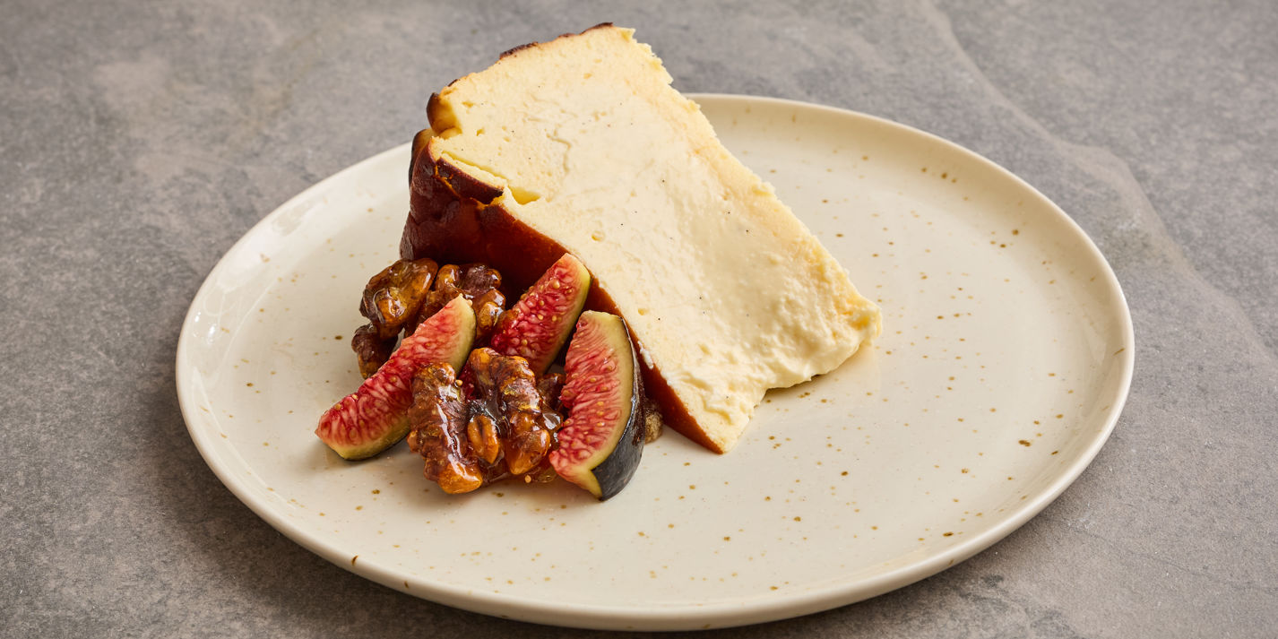 Basque cheesecake with candied walnuts and figs